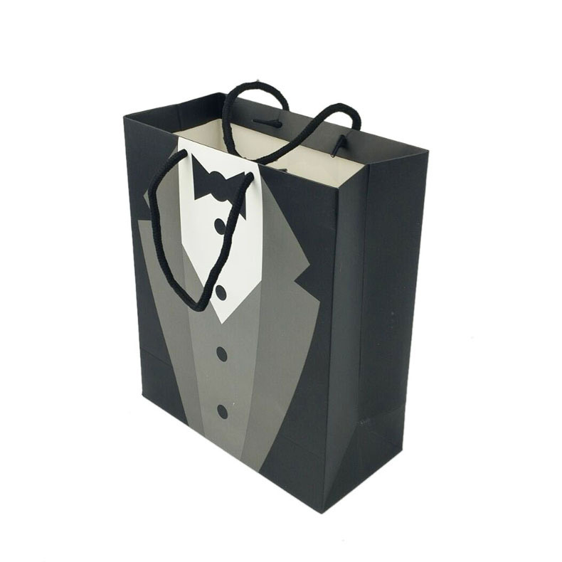 En stock blanco al por mayor bolsa de cartón regalo de mano bolsa de papel blanco y negro vestido bolso de compras bolsa de almacenamiento bolsa de embalaje