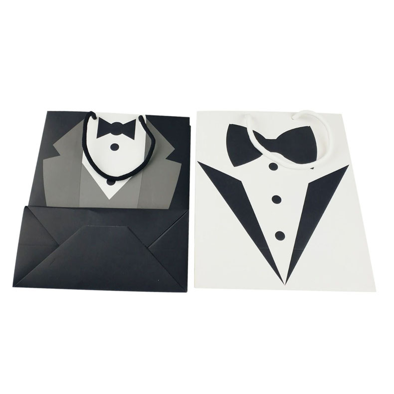 En stock blanco al por mayor bolsa de cartón regalo de mano bolsa de papel blanco y negro vestido bolso de compras bolsa de almacenamiento bolsa de embalaje