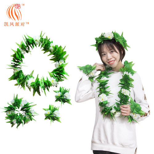 Kai Feng Party New Green Leaf Flower Necklace Headband Bracelet Four-piece Set Festival Stage Performance Dress Up Accessories