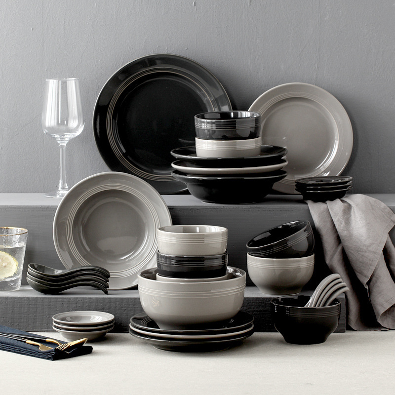 Nordic Black Grey ins Simple Ceramic Tableware Set Household Rice Bowl Soup Bowl Plate Dishes Dinner Plate Combination Set