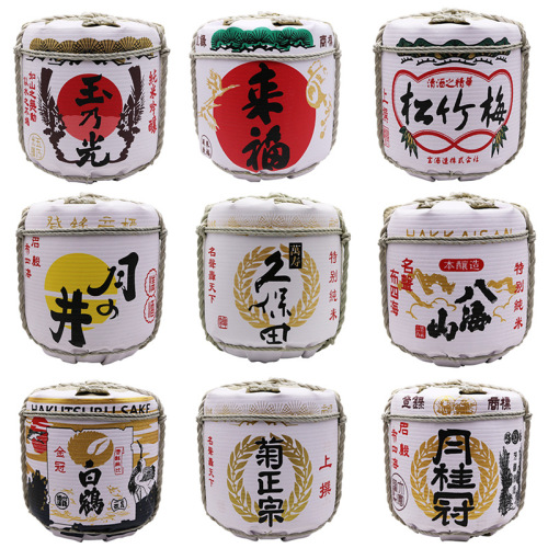 Japanese decorative sake barrel with white crane design, sake bar with barrel decoration, sushi restaurant with Japanese-style decorated barrels