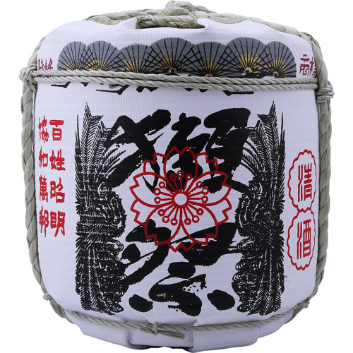 Japanese decorative sake barrel with white crane design, sake bar with barrel decoration, sushi restaurant with Japanese-style decorated barrels