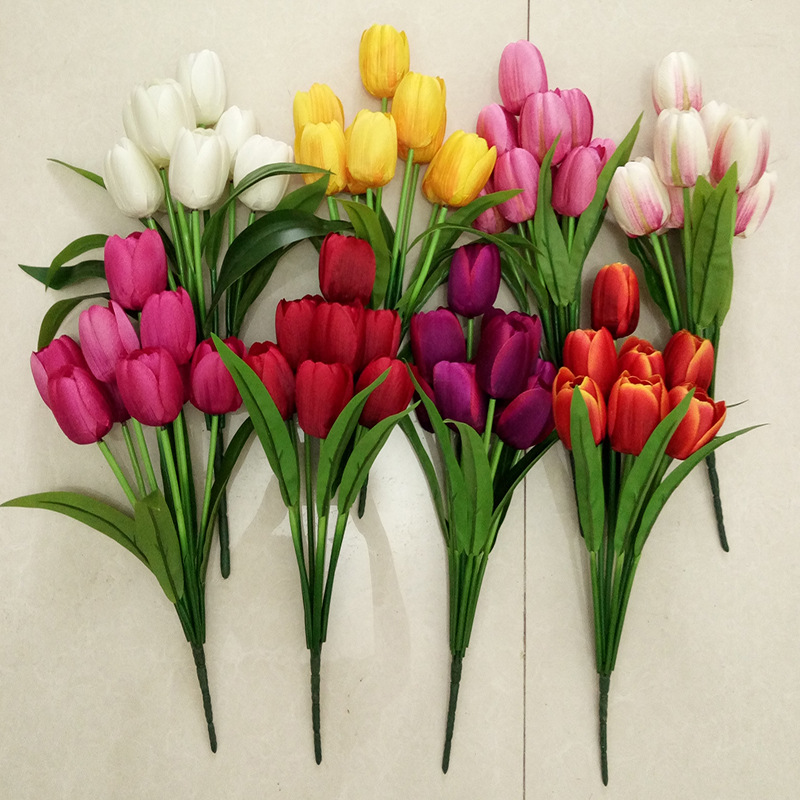 Manufacturer Wholesale Artificial Flowers, 9-Head Tulip Bunches with Rubber Leaves for Garden and Landscape Projects