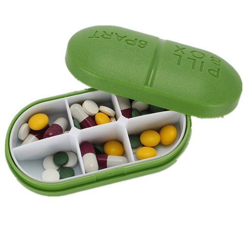 Cross-border affordable portable pill box, capsule-shaped one-week storage box, 6-compartment mini six-compartment pill box with logo printed on it