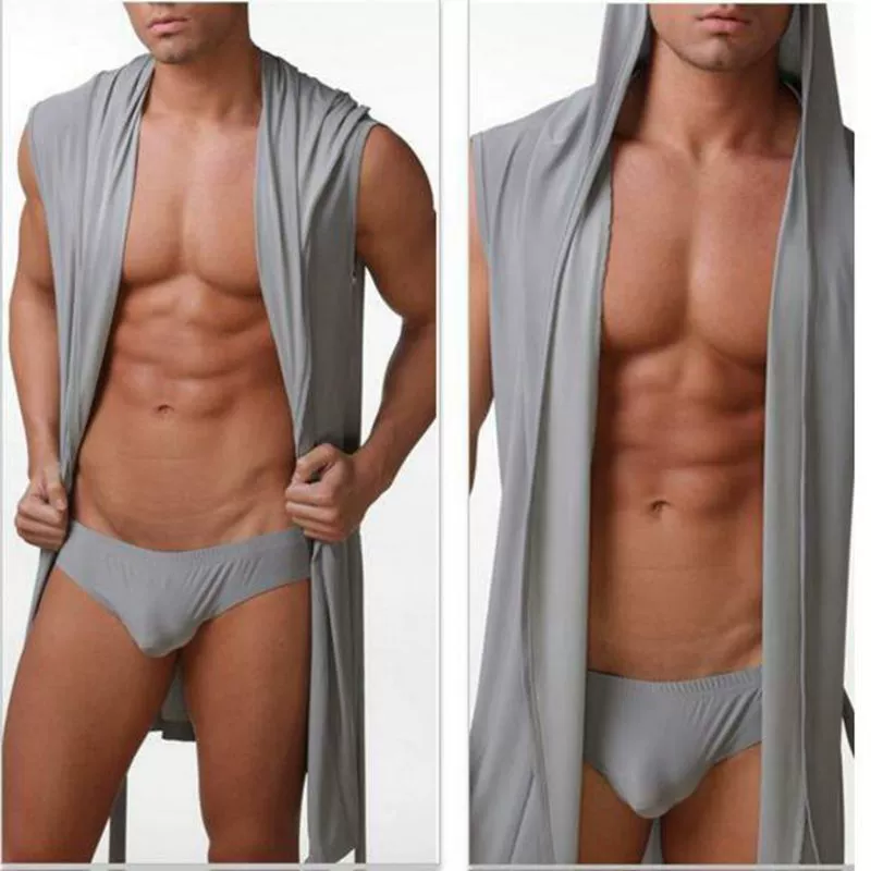 Sleeveless silky bathrobe for men, European style hooded robe, lightweight summer loungewear