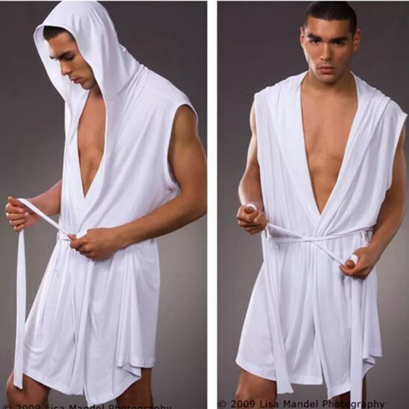 Sleeveless silky bathrobe for men, European style hooded robe, lightweight summer loungewear