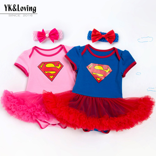Cross-border Amazon Baby Superman Short-sleeved Harness Dress Two-piece Suit 0-2 Years Old Baby Girl Dress Trendy Children's Dress