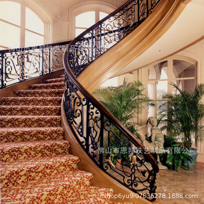 佛山工厂制造家装别墅酒店餐厅铁艺豪华楼梯扶手旋转弧形实木面