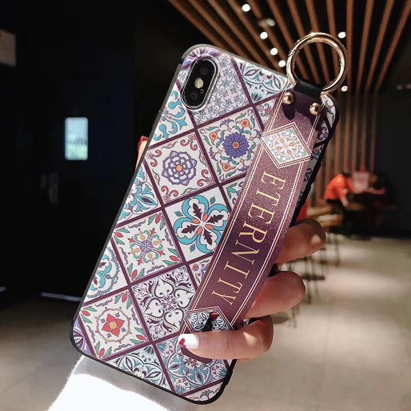 16ProMax15 Funda para teléfono móvil estilo palacio retro S25UltraS24A16 Pulsera de flor a cuadros japonesa y coreana Funda suave