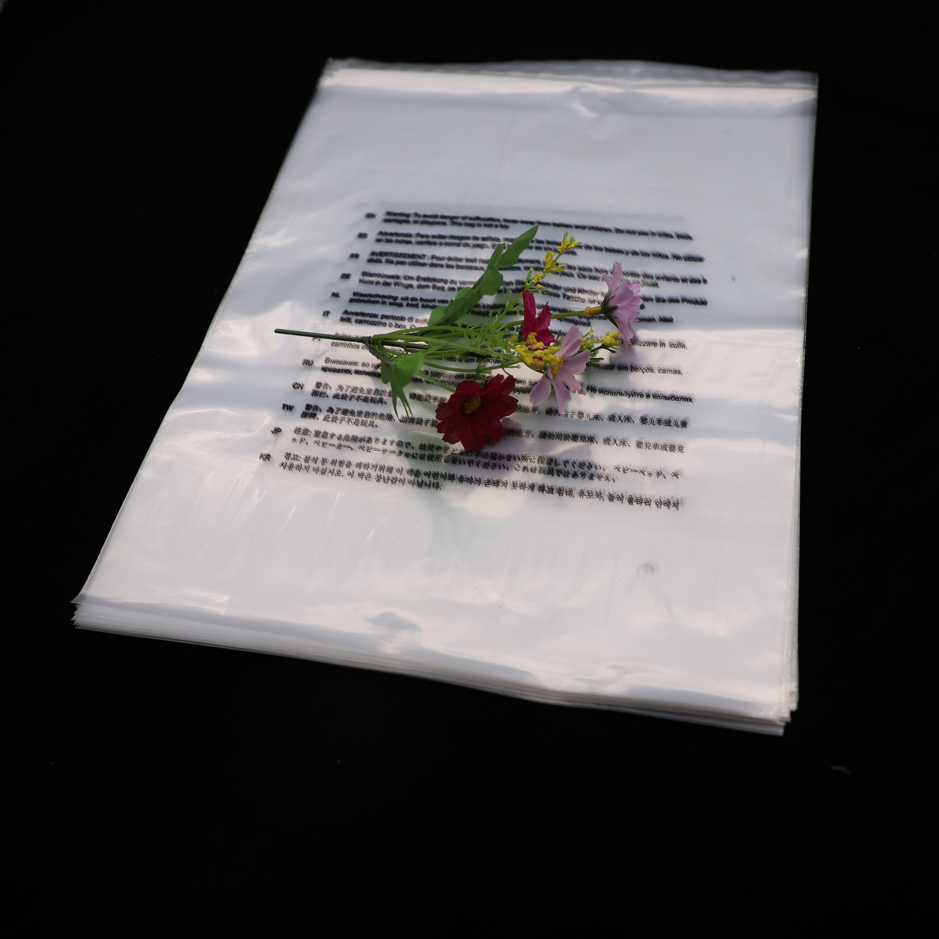 现货跨境外贸LDPE粘贴袋印刷12国警告语不干胶自粘袋鞋子包包袋子