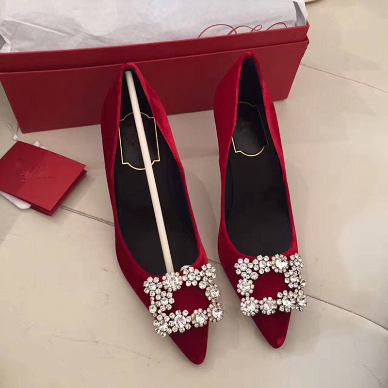 2023 Spring New Pointed Velvet High Heels Small Size Rhinestone Square Buckle Shallow Mouth Women's Single Shoes Red Bridal Shoes Wedding Shoes