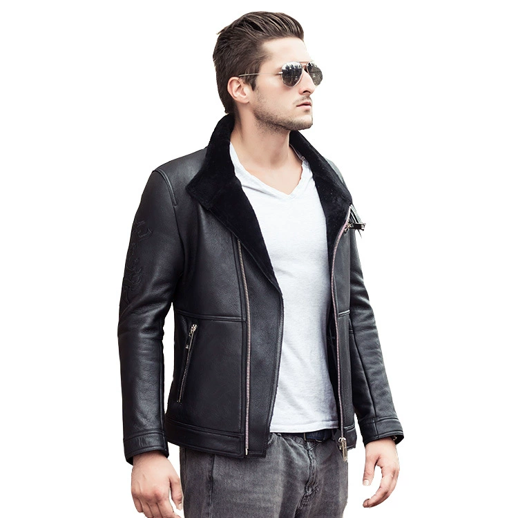 Keep warm jacket, genuine leather, slim fit, with embroidery