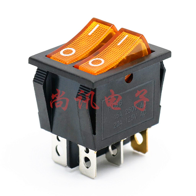 船型开关KCD3 六脚带灯两档  双联6脚2档 黄色带灯电源开关双路