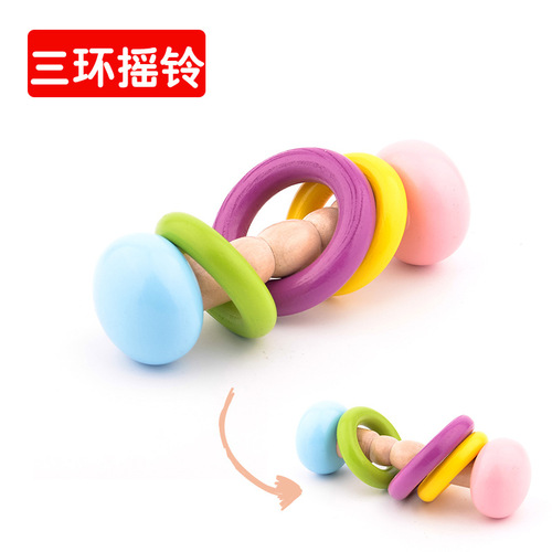 Set of four wooden rattles, hand rattles, Orff instruments, infant hand rattles, baby early education toys