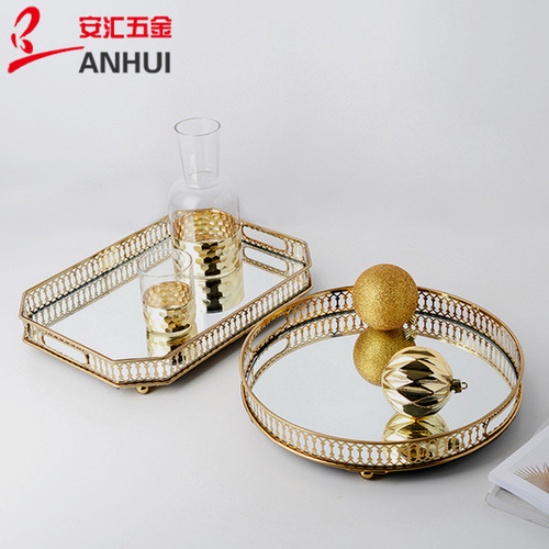 Nordic-style metal mirror surface tray desktop coffee table storage tray model room decoration item American glass fruit plate