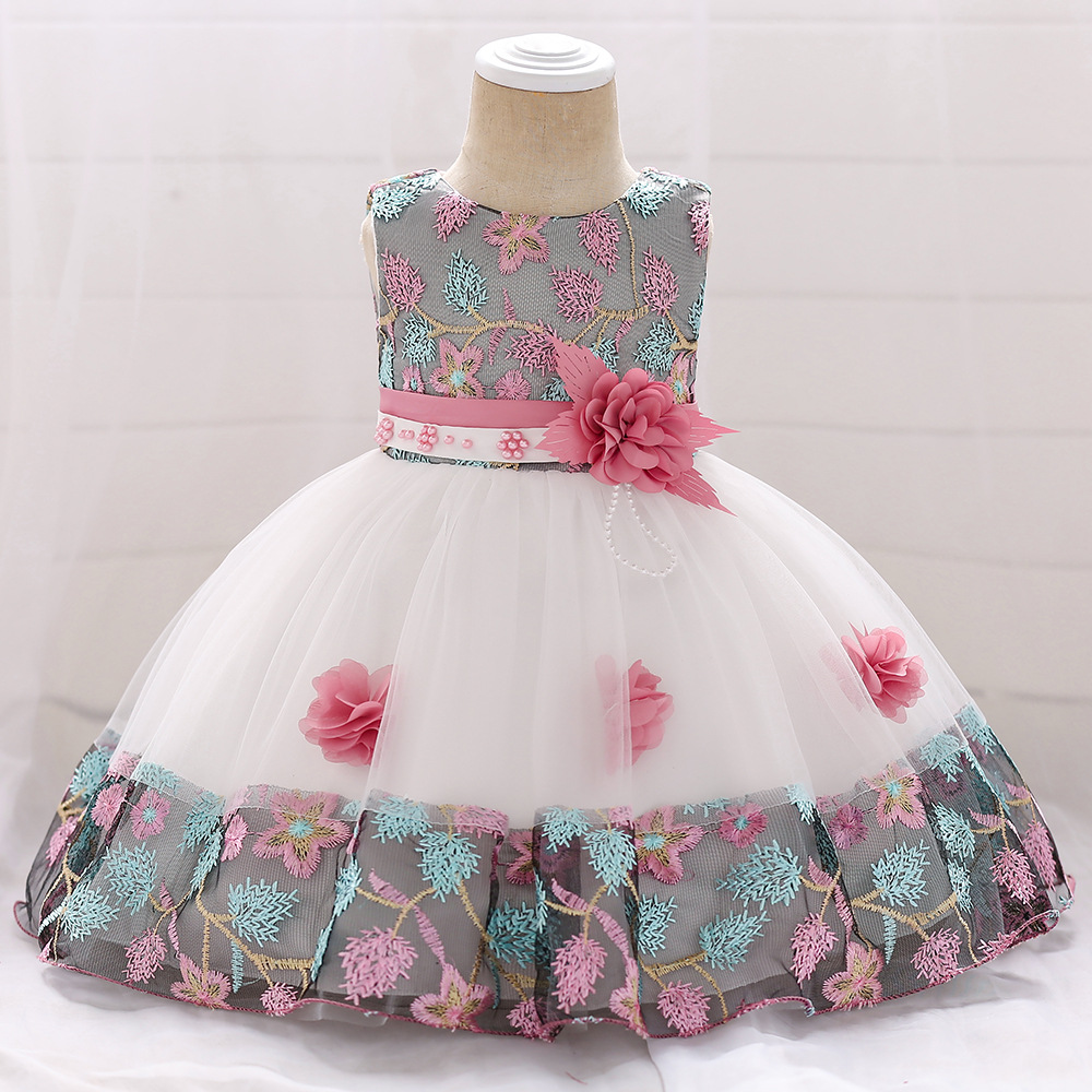 Cross-border New Children's Princess dress Mesh dress Embroidered Flower Beads Cute baby dress