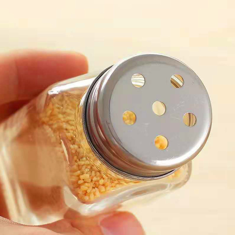 Botella de condimento de vidrio cuadrada, lata de espolvoreo de pimienta, suministros de cocina, lata de condimento de vidrio transparente, botella de condimento con agujeros