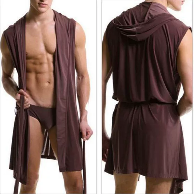 Sleeveless silky bathrobe for men, European style hooded robe, lightweight summer loungewear