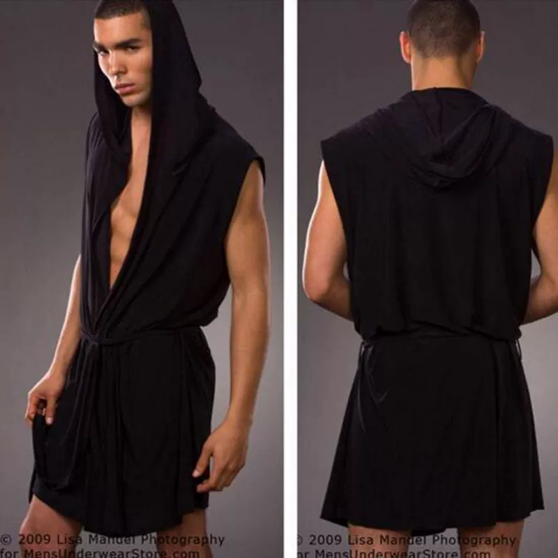 Sleeveless silky bathrobe for men, European style hooded robe, lightweight summer loungewear