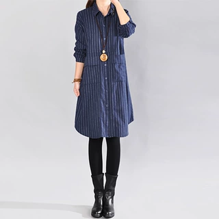 2025春季新款文艺宽松拼接条纹翻领长袖衬衫裙女中长款衬衣#9227#