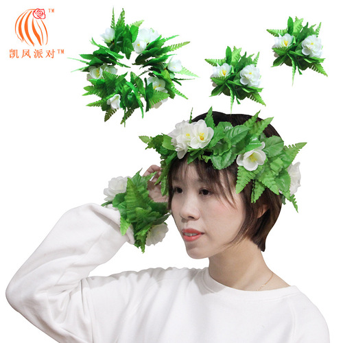 Kai Feng Party New Green Leaf Flower Necklace Headband Bracelet Four-piece Set Festival Stage Performance Dress Up Accessories