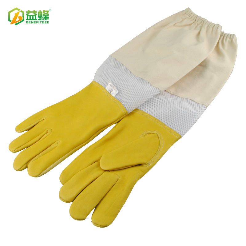 品质款养蜂工具蜂具防蜂羊皮手套黄皮白网布防蜇防滑防护手套透气