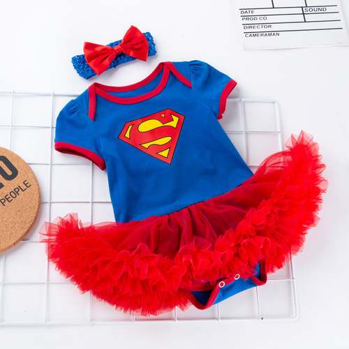 Cross-border Amazon Baby Superman Short-sleeved Harness Dress Two-piece Suit 0-2 Years Old Baby Girl Dress Trendy Children's Dress