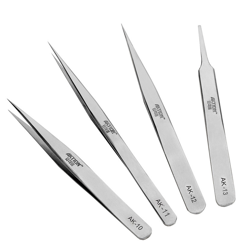 厂家直营AK系列细宽头201不锈钢镊子工具组套医用夹子弯头尖头