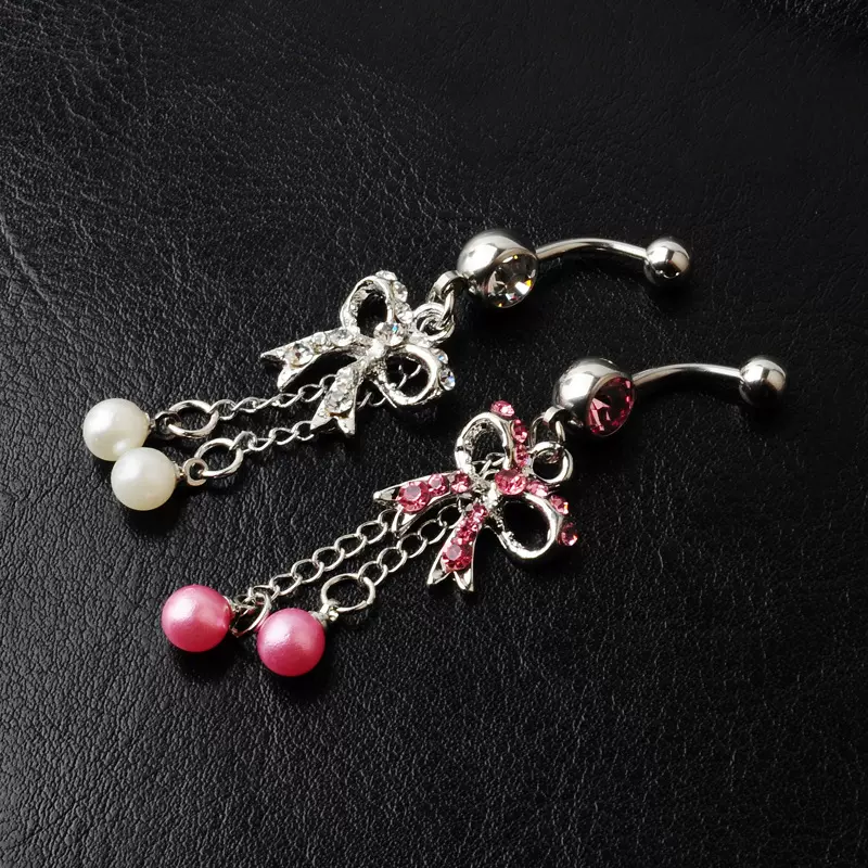 跨境电商 时尚穿刺饰品 镶钻珍珠蝴蝶结肚脐环脐钉 厂家直销批发