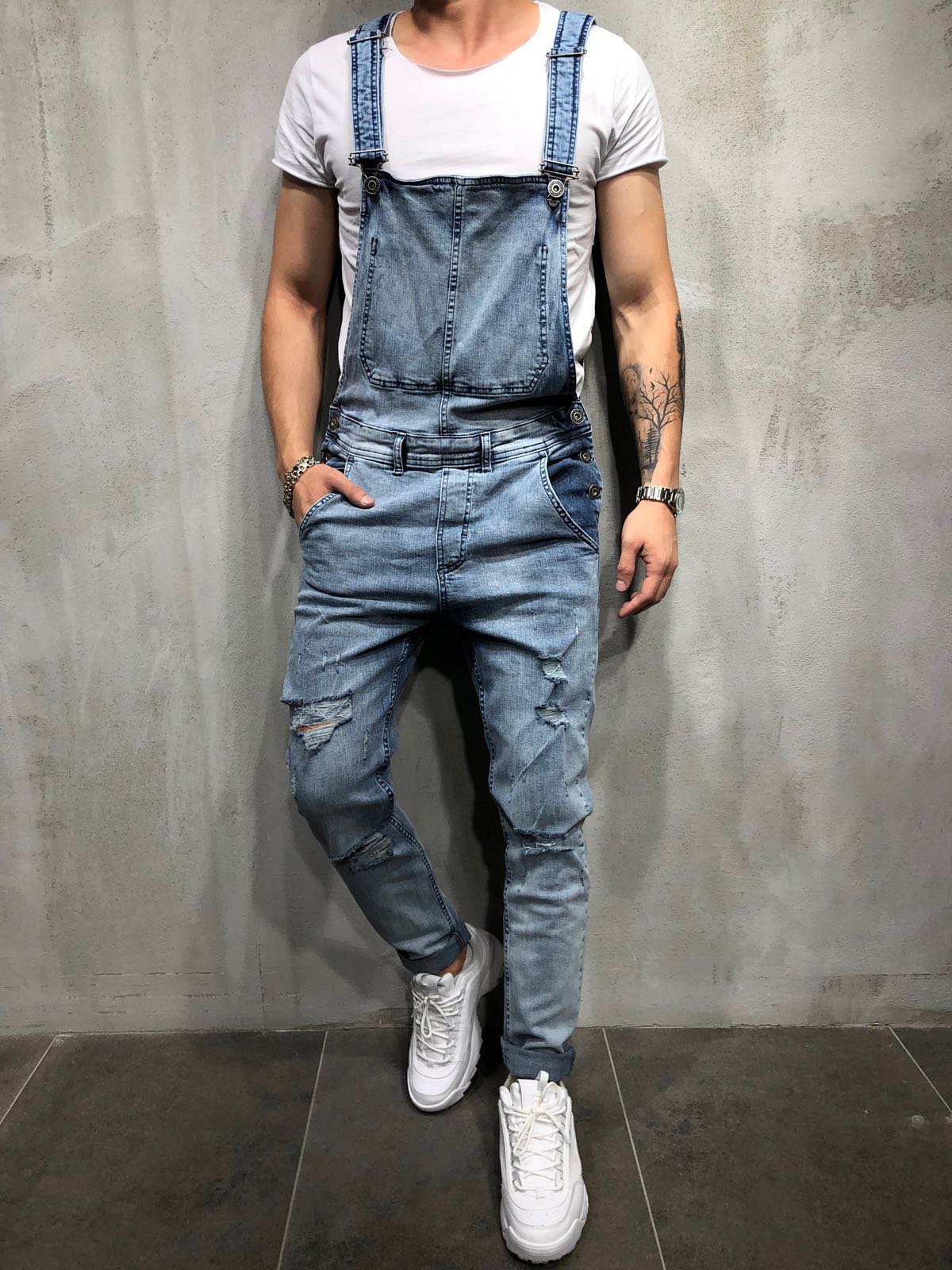 Amazon nuevos hombres casuales estilo coreano jeans suspender jumpsuit retro Pantalones