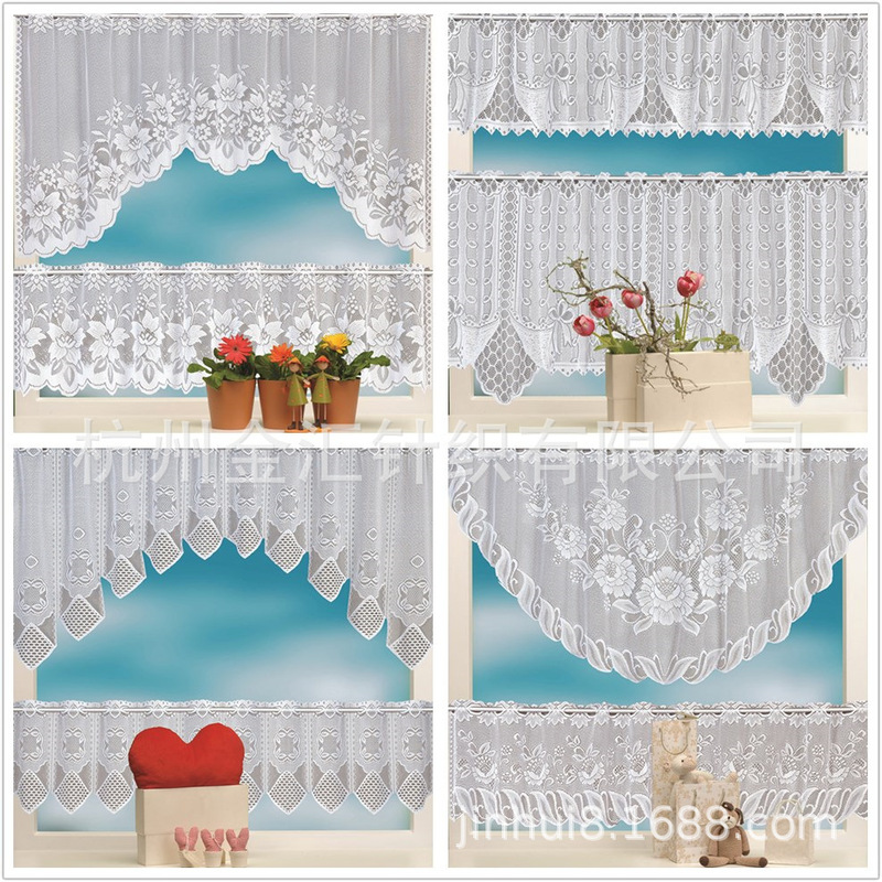 White European and American Warp Knitted Lace Curtain Coffee Curtain Half Curtain Set Upper and Lower Small Curtain Lace Finished Curtain