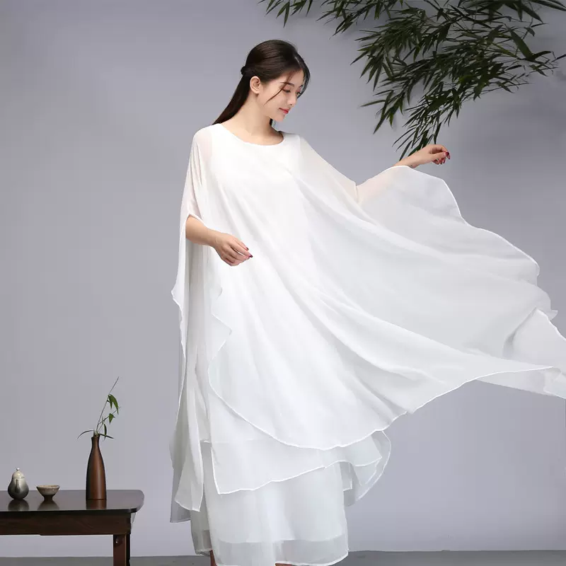 春夏新款民族风大码女装雪纺文艺复古茶服禅舞服宽松连衣裙女