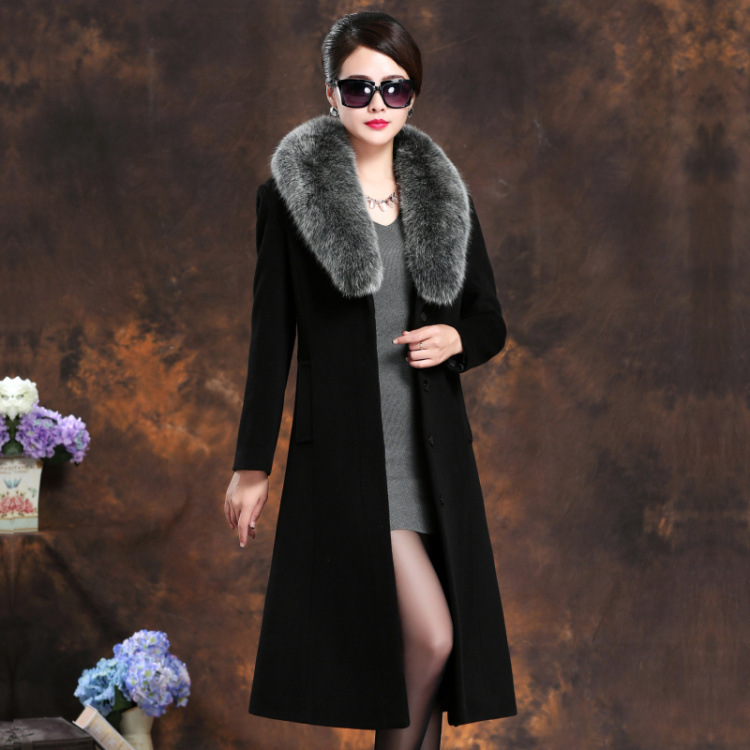 Long Alpaca Wool Coat Women Fox Fur Collar Thickened Over Knee