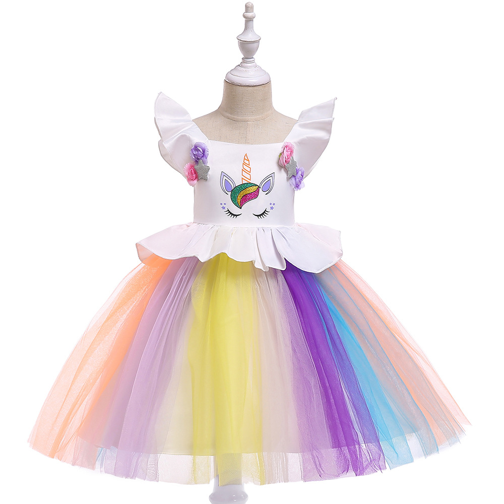 Unicorn Cartoon Dress with Flutter Sleeves, Rainbow Tutu Puffy Skirt for Girls, Halloween and Children's Day Performance Costume