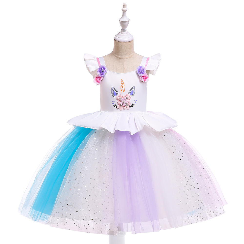 Unicorn Cartoon Dress with Flutter Sleeves, Rainbow Tutu Puffy Skirt for Girls, Halloween and Children's Day Performance Costume