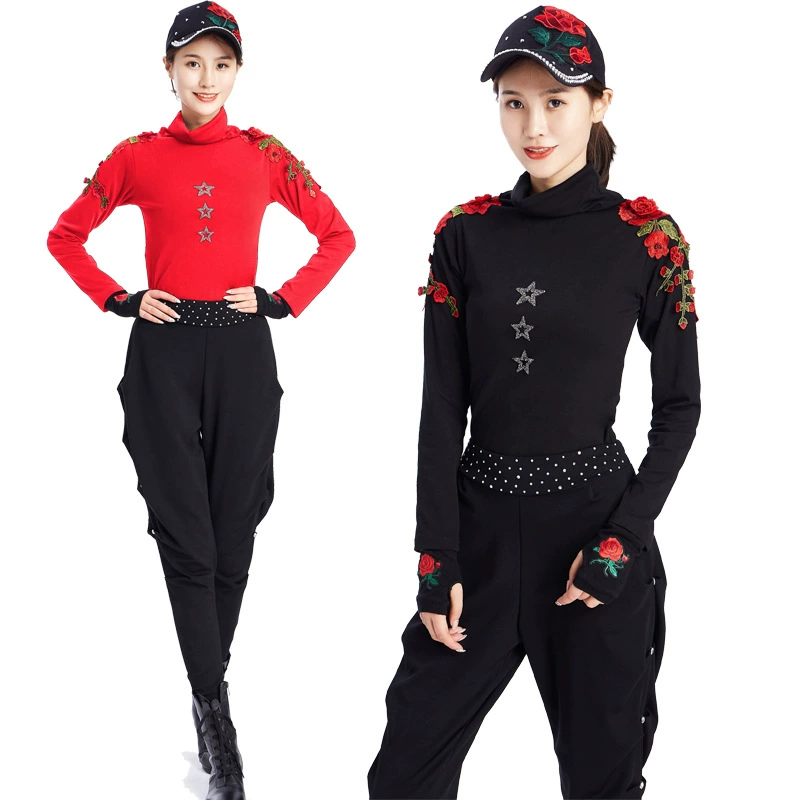 Костюм для матросских танцев, женский осенне-зимний новый костюм с высоким воротником и розовым длинным рукавом, квадратный танцевальный хлопковый эластичный танцевальный костюм