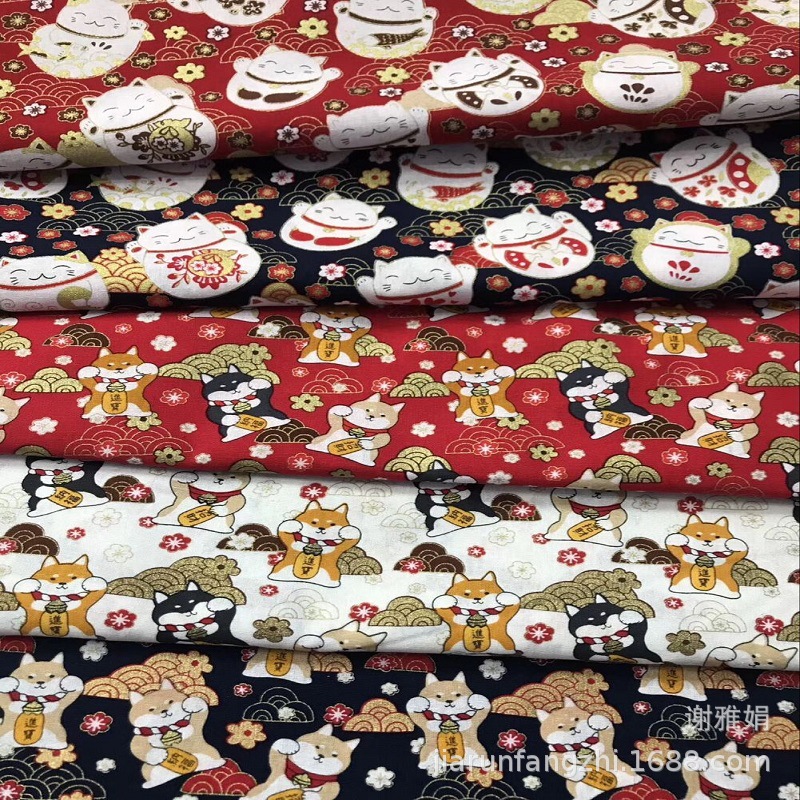 日式金粉招财猫面料  服装  手工diy 工艺品面料 现货供应