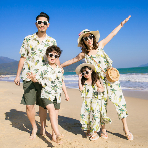  New Mother-Daughter Parent-child Clothing Family of Four Summer Family Clothing Beach Shirt Suit Mother-Daughter Wide-Legged One-piece