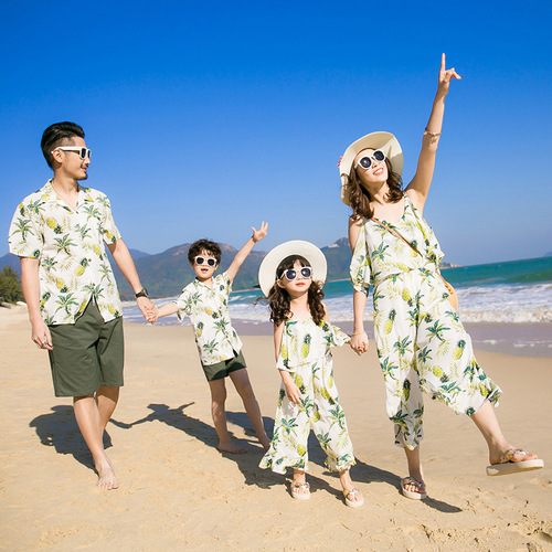  New Mother-Daughter Parent-child Clothing Family of Four Summer Family Clothing Beach Shirt Suit Mother-Daughter Wide-Legged One-piece