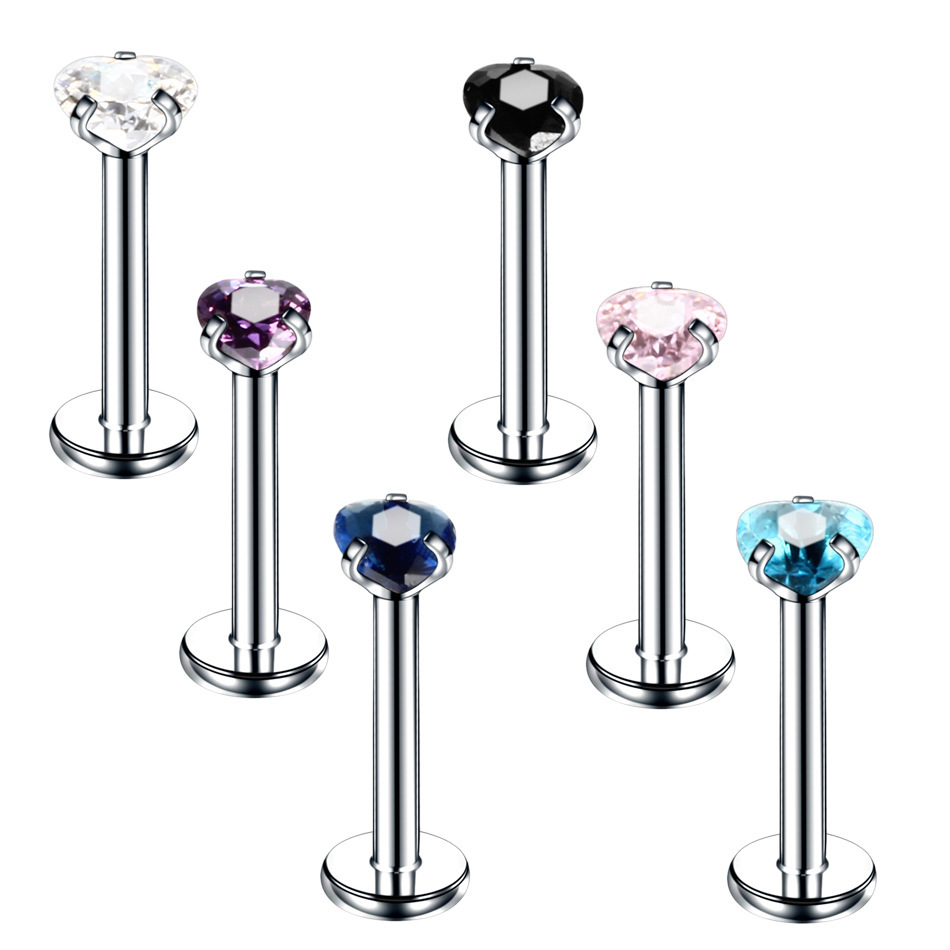 Piercing de nez à quatre griffes en forme de cœur en acier inoxydable avec zircon multicolore et filetage interne._voghion.com