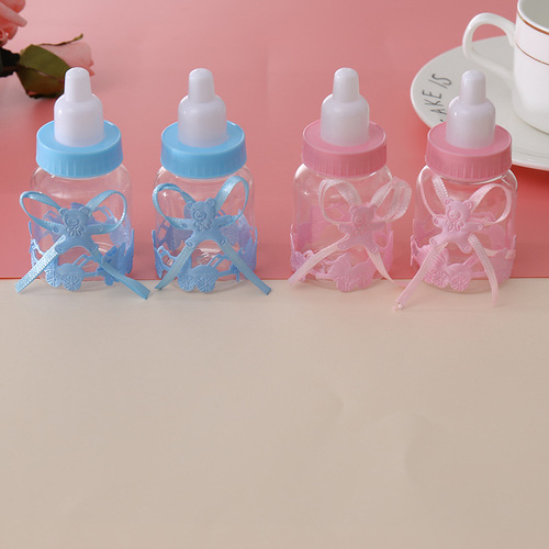 Baby Shower Small Milk Bottle Candy Box Cute Baby Full Moon Happy Candy Plastic Box with Bow and Bear Box
