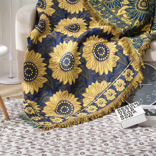 European blue sunflower cotton knitted nap sofa office blanket wholesale three-layer thickened pastoral style blanket