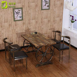 车轮复古休闲西餐咖啡厅主题餐厅餐桌椅 直供火锅店快餐主题餐桌