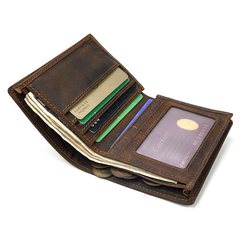 Men's retro genuine leather wallet, crazy horse leather vertical wallet, first layer cowhide, multi-card slot coin purse, card holder