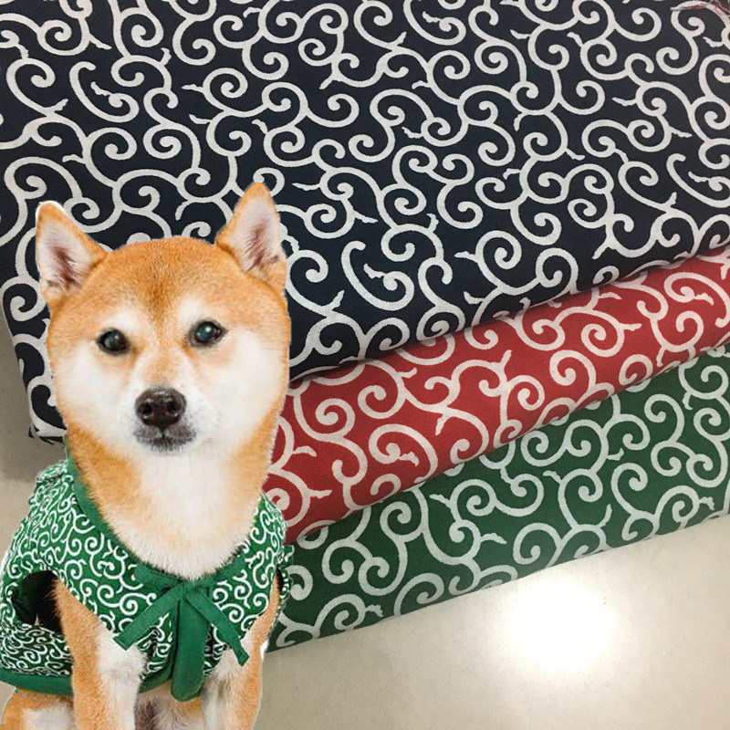 平纹纯棉布料 日本和风唐草纹柴犬猫咪围巾面料手工布料现货供应