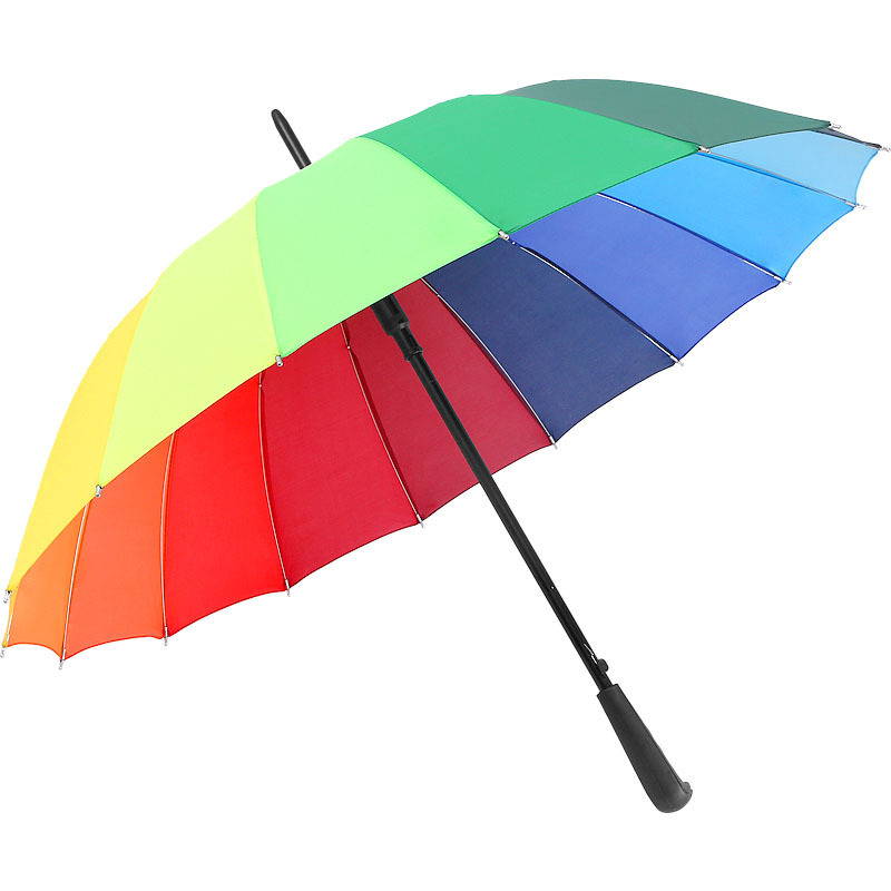 Large wholesale 16 bone straight rod rainbow umbrella automatic long handle umbrella men and women sturdy wind-resistant sunny umbrella customized advertising