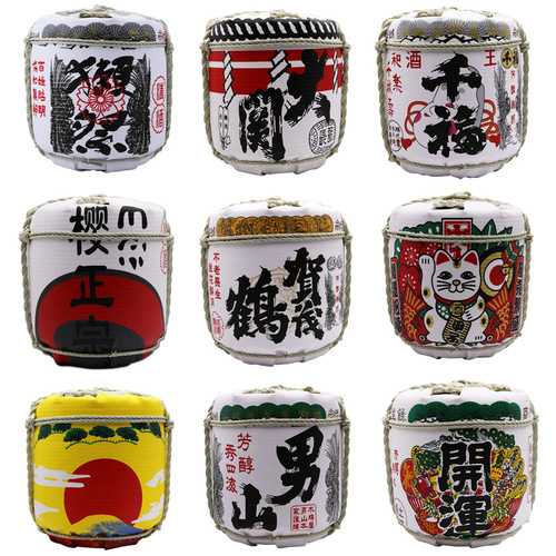 Japanese decorative sake barrel with white crane design, sake bar with barrel decoration, sushi restaurant with Japanese-style decorated barrels