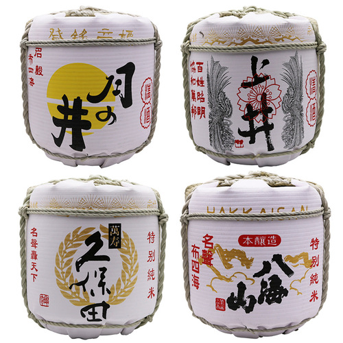 Japanese decorative sake barrel with white crane design, sake bar with barrel decoration, sushi restaurant with Japanese-style decorated barrels