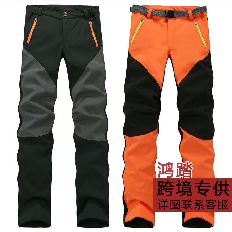 Color Matching Couple's Rush Pants Men's Fleece Waterproof Autumn and Winter Outdoor Warm Thickened Soft Shell Mountaineering Pants Women's Large Size