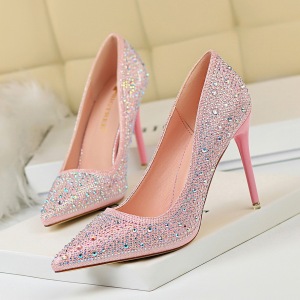9219-22 Korean Fashion Banquet Women's Shoes Thin Heel Shallow Mouth Pointed Head Sexy Slim Water Diamond Colorful Diamo